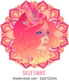 Drawing of Sagittarius astrological sign as a beautiful girl over ornate mandala pattern. Zodiac vector illustration isolated on white. Future telling, horoscope, alchemy, spirituality, fashion woman.