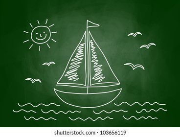 Drawing of sailboat on blackboard
