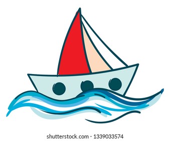 Drawing of a sailboat with red sail floating in the blue water vector color drawing or illustration 