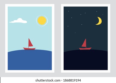 Drawing sailboat sailing, fisherman. Colorful cute cartoon. Vector design for packaging design, social media post, cover, banner, Wall arts. Vector illustration.