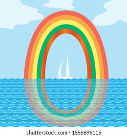 Drawing of a sailboat in the sea against a rainbow. Using for print on the wall, pillows, decoration kids interior, baby wear and shirts, greeting card, vector and other