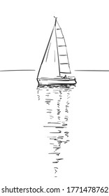 Dibujo del barco de vela con reflexión sobre el agua tranquila, dibujo vectorial, ilustración dibujada por mano