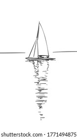 Drawing of sailing boat with reflection on calm water, Vector sketch, Hand drawn illustration