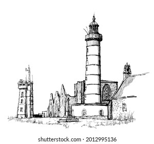 Drawing of Saint Mathieu lighthouse and old abbey ruins in Brittany, France - vector illustration 