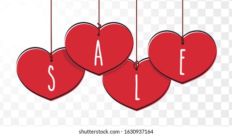 Drawing of sales on Valentine's Day. Design of hanging hearts to put in text to edit. Editable vector.