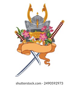 Drawing of a samurai battle mask and helmet on the background of swords and cherry blossoms. Mythical Japanese warrior. Vector illustrations for t shirt print. Oriental color Poster. Tattoo.