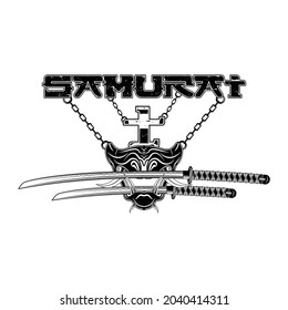 Drawing of a samurai battle mask on the background of swords. Mythical Japanese warrior. Hieroglyphs - Samurai. Vector illustrations for t shirt print. Grunge style. Oriental black tattoo.