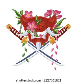 Drawing of a samurai battle mask on the background of swords and cherry blossoms. Mythical Japanese warrior. Vector illustrations for t shirt print. Oriental color Poster. Tattoo.