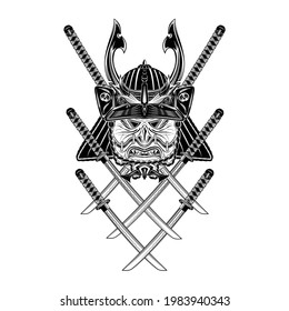 Drawing of a samurai helmet and battle mask on the background of crossed swords. Katana, wakizashi and tanto. Mythical Japanese warrior. Vector illustrations for t shirt print. Grunge style. 