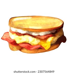 A drawing of a sandwich with an egg on it. Sandwich, Toast, Scrambled Eggs, Bacon.