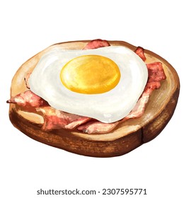 A drawing of a sandwich with a fried egg on it. Toast, Fried Egg, Bacon.