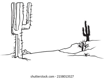 Zeichnung der Sandwüste mit Kakteen - Cartoon Illustration einzeln auf weißem Hintergrund, Vektorgrafik