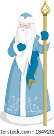 Drawing of Santa Claus in a blue fur coat on a transparent background. Santa Claus is holding a staff and stroking his beard.