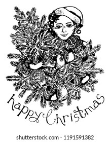 drawing of Santa Claus and Christmas tree , a sketch of a hand-drawn, vector illustration