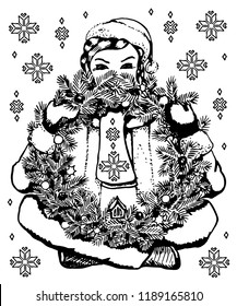 drawing of Santa Claus and Christmas wreath , a sketch of a hand-drawn, vector illustration