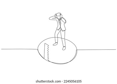 Drawing of saw cutting floor make businessman panic concept of business crisis. Continuous line art