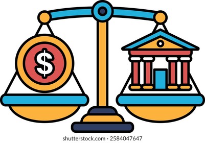 A drawing of a scale with a dollar sign on one side and a bank on the other. The dollar sign is red and yellow
