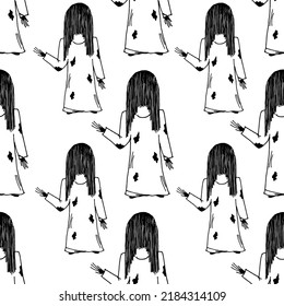 A drawing of a scary girl in old nightie with long black hair. Pattern of girl from a horror movie. Beautiful and horror halloween background. Halloween concept.