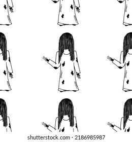 A drawing of a scary girl in old nightie with long black hair. Pattern of girl from a horror movie. Beautiful and horror halloween background. Halloween concept.