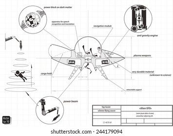 Drawing scheme flying saucer, space ship, UFO,  vector illustration eps 10