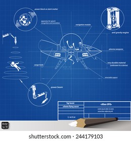 Drawing scheme flying saucer, space ship, UFO,  vector illustration eps 10