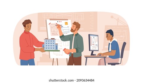 Drawing scheme on planner or using laptop for making presentation, architects creating projects of buildings and houses. Company with engineers and designers, teamwork of men, vector in flat style