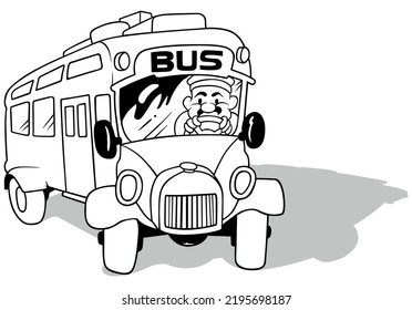 Drawing of a School Bus with a Driver - Cartoon Illustration Isolated on White Background, Vector