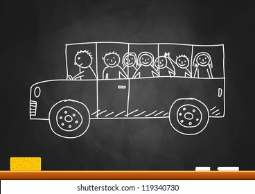 Drawing of school bus on blackboard