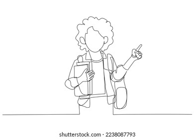 Drawing of school girl in casual clothes backpack hold books point index finger aside on copy space. Single continuous line art style
