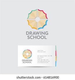 Drawing school logo and identity. Creativity emblems. Multicolored pencil shavings as a flower with business card.