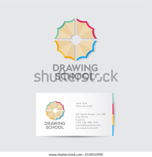 Drawing school\
logo and identity. Creativity emblems. Multicolored pencil shavings\
as a flower with business\
card.