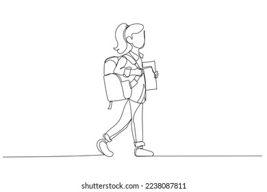 Dibujo de un estudiante escolar sosteniendo libros y mochilas caminando por el concepto de educación. Arte de línea continuo
