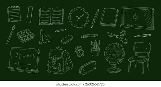 A drawing of school supplies and a clock. The drawing is of a classroom with a chalkboard and a desk
