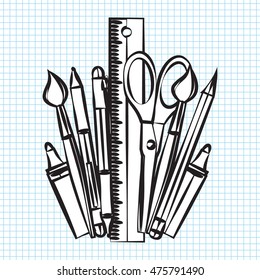 Drawing school supplies on a sheet of exercise book. Back to school. Education concept. Vector illustration.