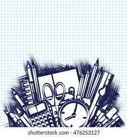 Drawing school supplies on a sheet of exercise book. Back to school. Education concept. Vector illustration.