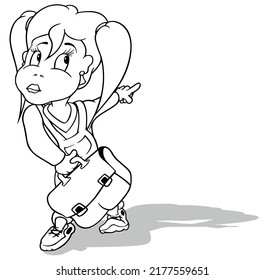 Drawing of a Schoolgirl with a Schoolbag in her Hand and Pointing a Finger - Cartoon Illustration Isolated on White Background, Vector