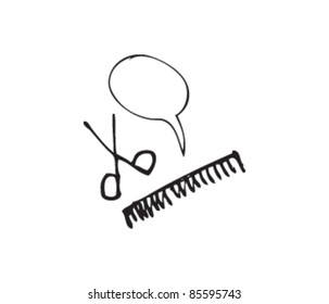 drawing of a scissors and comb with speech bubble