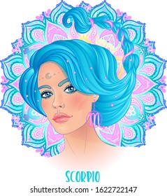 Drawing of Scorpio astrological sign as a beautiful girl over ornate mandala pattern. Zodiac vector illustration isolated on white. Future telling, horoscope, alchemy, spirituality, fashion woman.