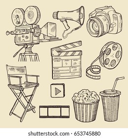 Drawing scribbles. Vector illustration. Vector Icons. A collection of characters for the film. Elements of handmade cinematography camera, film tape, camera, popcorn, megaphone