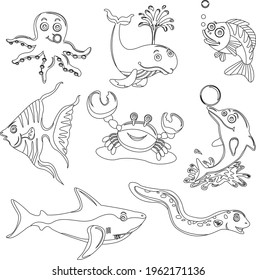 Drawing sea animals cartoon vector illustration. isolated background