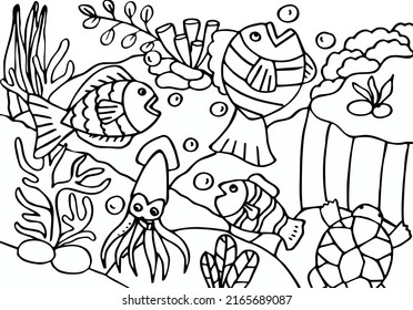 drawing sea animals. fish, turtles, marine plants. for coloring children, backgrounds, illustrations, and vectors.