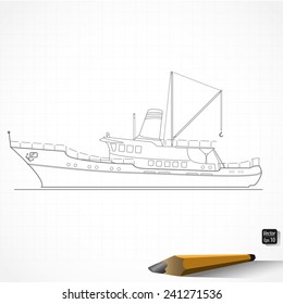 drawing sea ship, fishing seiner