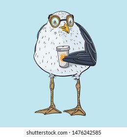Drawing seagull with a pilot sunglasses and with cup of coffee. Cartoon illustration of brave bird with coffee to go. 