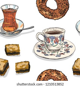 Drawing seamless background national turkish food with coffee, tea cup, simit and baklava. Hand drawn traditional turkey beverages and bagels pattern.