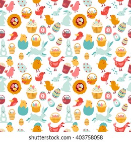 drawing seamless Easter ornament. rabbits, birds and eggs