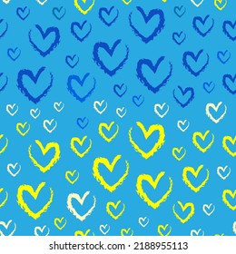 Drawing seamless pattern with abstract chalk hearts symbols Ukraine. Vector wallpaper on blue background. Ukrainian national colors.