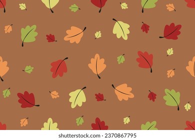 Drawing seamless pattern with Autumn colorful leaves on orange background. Design Autumn Wrapping paper. Nature wallpaper, textile print. Vector illustration.