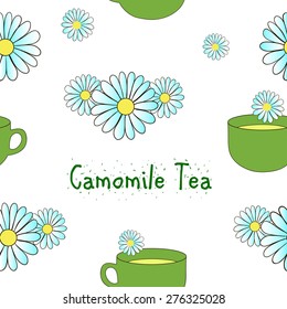 Drawing of seamless pattern with caps with camomile tea and flowers of camomile