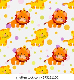 Drawing of a seamless pattern with cute african animals - lion and tiger in cartoon style