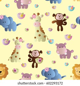 Drawing of a seamless pattern with cute african animals - hippopotamus, monkey, elephant, lion and giraffe  in cartoon style
